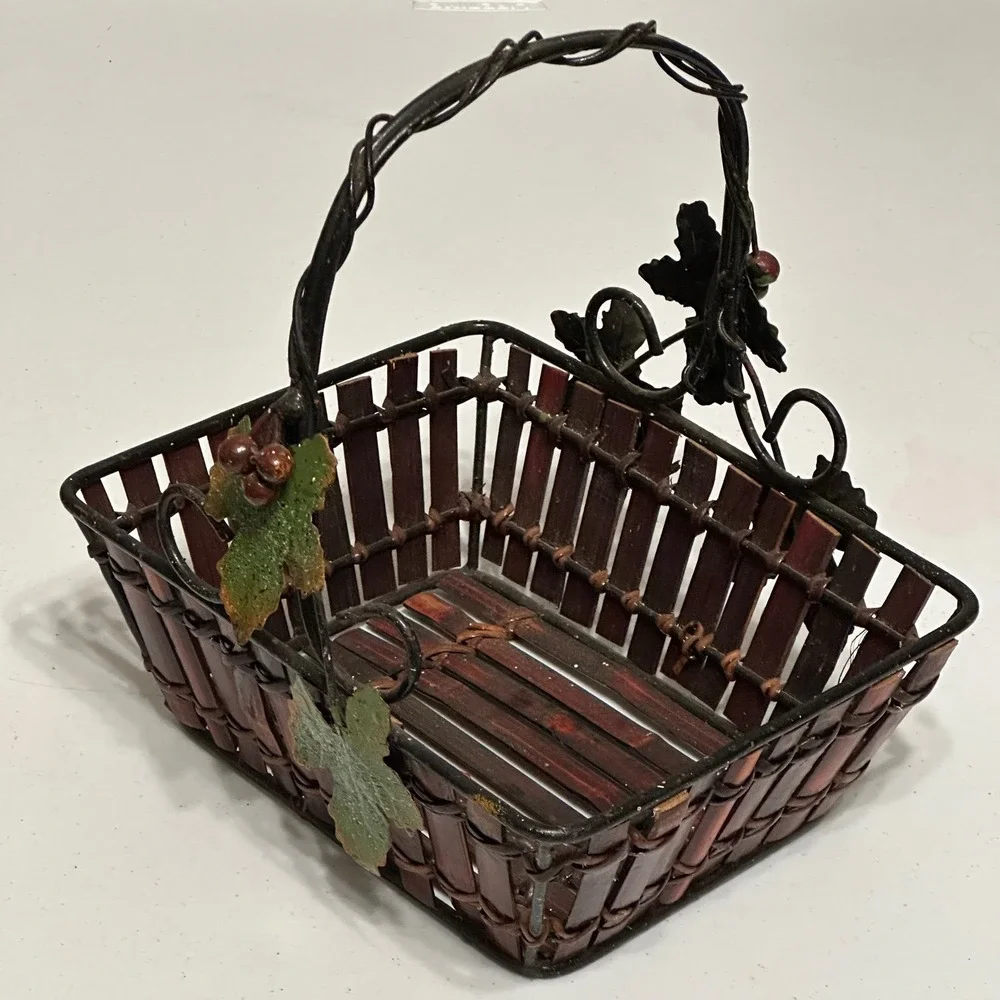 Grape Vine Metal & Bamboo Wood Slat Decorative Basket with Handle Rustic Vintage